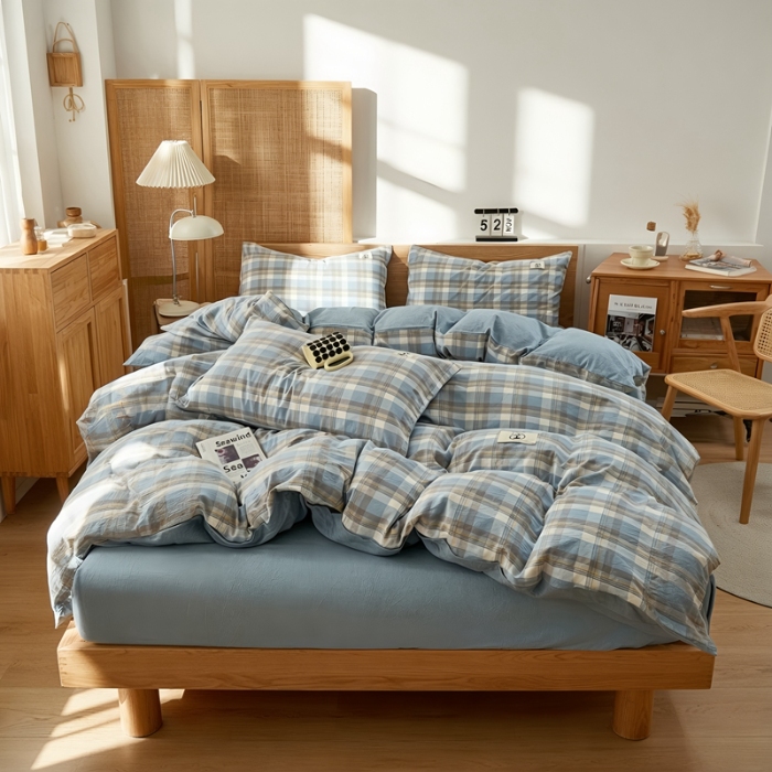 91家纺网 家纺一手货源 找家纺 2026年新款色织全棉纯棉四件套条纹格子复古风床单床笠款套件四季通用（有质检报告）