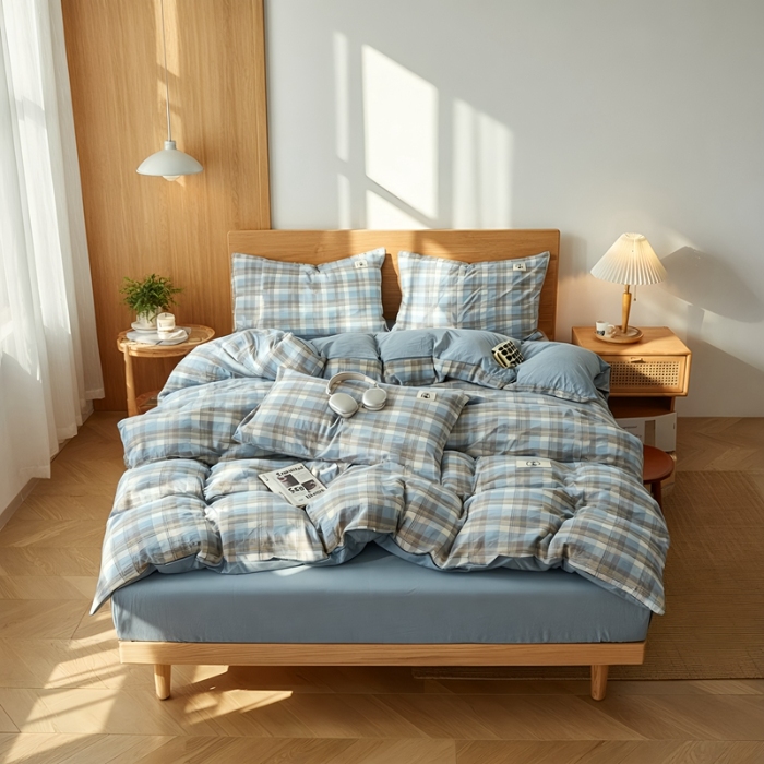 91家纺网 家纺一手货源 找家纺 2026年新款色织全棉纯棉四件套条纹格子复古风床单床笠款套件四季通用（有质检报告）