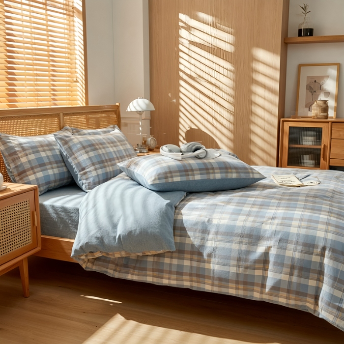 91家纺网 家纺一手货源 找家纺 2026年新款色织全棉纯棉四件套条纹格子复古风床单床笠款套件四季通用（有质检报告）