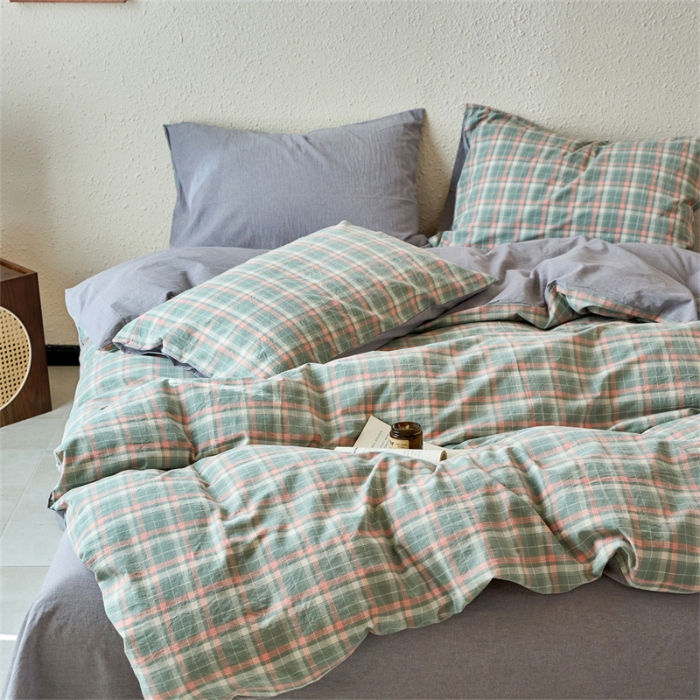 91家纺网 家纺一手货源 找家纺 （总）兰紫橙家纺 2026新款全棉水洗棉印花格子四件套 单被套 床单款 床笠款 ---全尺寸