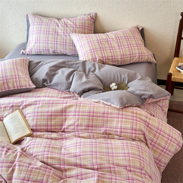 91家纺网 家纺一手货源 找家纺 （总）兰紫橙家纺 2026新款全棉水洗棉印花格子四件套 单被套 床单款 床笠款 ---全尺寸