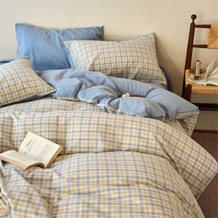 91家纺网 家纺一手货源 找家纺 （总）兰紫橙家纺 2026新款全棉水洗棉印花格子四件套 单被套 床单款 床笠款 ---全尺寸