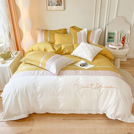 91家纺网 家纺一手货源 找家纺 （总）惯盈 2022新款全棉四件套40支拼色刺绣四件套-洛依