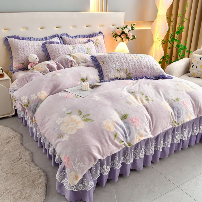 91家纺网 家纺一手货源 找家纺 （总）三友家纺 直播爆款牛奶绒印花蕾丝花边床盖床裙单件三件套四件套