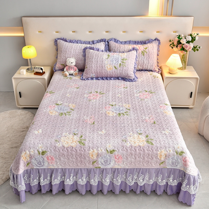 91家纺网 家纺一手货源 找家纺 （总）三友家纺 直播爆款牛奶绒印花蕾丝花边床盖床裙单件三件套四件套