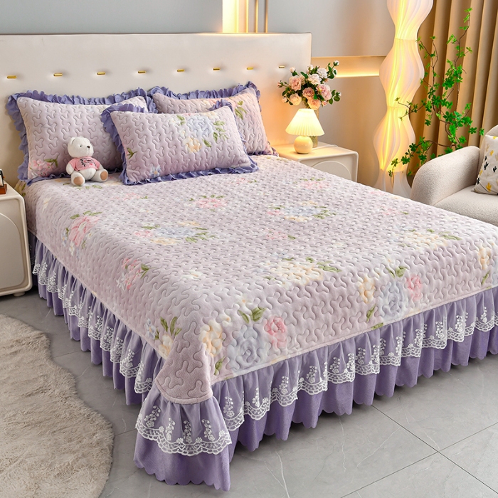 91家纺网 家纺一手货源 找家纺 （总）三友家纺 直播爆款牛奶绒印花蕾丝花边床盖床裙单件三件套四件套