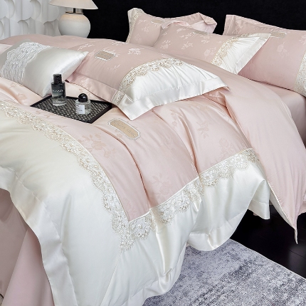 91家纺网 家纺一手货源 找家纺 （总）高档礼盒装50S双股100支色织空气提花长绒棉+法式蕾丝刺绣100%全棉纯棉高级四件套床单床笠款