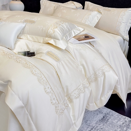 91家纺网 家纺一手货源 找家纺 （总）高档礼盒装50S双股100支色织空气提花长绒棉+法式蕾丝刺绣100%全棉纯棉高级四件套床单床笠款