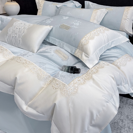 （总）高档礼盒装50S双股100支色织空气提花长绒棉+法式蕾丝刺绣100%全棉纯棉高级四件套床单床笠款