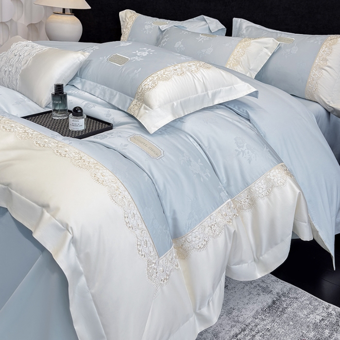 91家纺网 家纺一手货源 找家纺 （总）高档礼盒装50S双股100支色织空气提花长绒棉+法式蕾丝刺绣100%全棉纯棉高级四件套床单床笠款