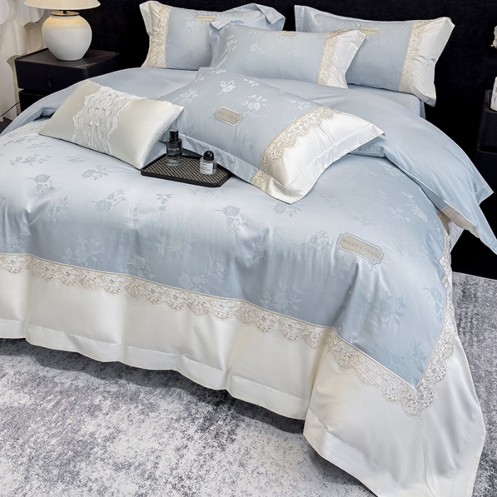 91家纺网 家纺一手货源 找家纺 （总）高档礼盒装50S双股100支色织空气提花长绒棉+法式蕾丝刺绣100%全棉纯棉高级四件套床单床笠款