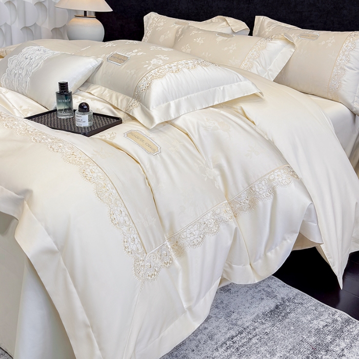 91家纺网 家纺一手货源 找家纺 （总）高档礼盒装50S双股100支色织空气提花长绒棉+法式蕾丝刺绣100%全棉纯棉高级四件套床单床笠款