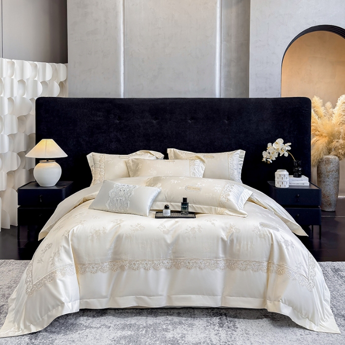 91家纺网 家纺一手货源 找家纺 （总）高档礼盒装50S双股100支色织空气提花长绒棉+法式蕾丝刺绣100%全棉纯棉高级四件套床单床笠款