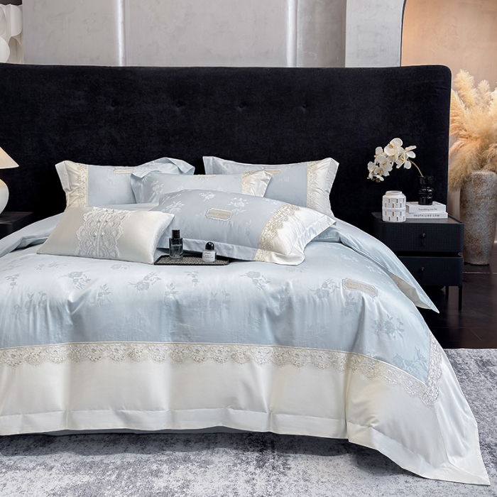 91家纺网 家纺一手货源 找家纺 高档礼盒装50S双股100支色织空气提花长绒棉+法式蕾丝刺绣100%全棉纯棉高级四件套床单床笠款 天空蓝-香榭丽-A类色织提花长绒棉高级套件