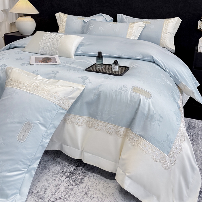 91家纺网 家纺一手货源 找家纺 高档礼盒装50S双股100支色织空气提花长绒棉+法式蕾丝刺绣100%全棉纯棉高级四件套床单床笠款 天空蓝-香榭丽-A类色织提花长绒棉高级套件