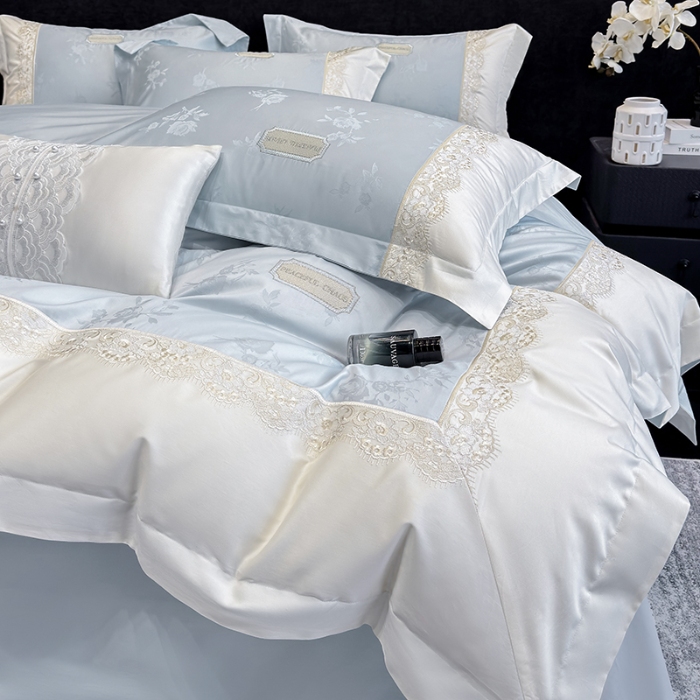 91家纺网 家纺一手货源 找家纺 高档礼盒装50S双股100支色织空气提花长绒棉+法式蕾丝刺绣100%全棉纯棉高级四件套床单床笠款 天空蓝-香榭丽-A类色织提花长绒棉高级套件