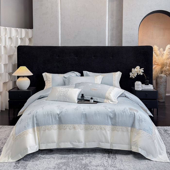 91家纺网 家纺一手货源 找家纺 高档礼盒装50S双股100支色织空气提花长绒棉+法式蕾丝刺绣100%全棉纯棉高级四件套床单床笠款 天空蓝-香榭丽-A类色织提花长绒棉高级套件