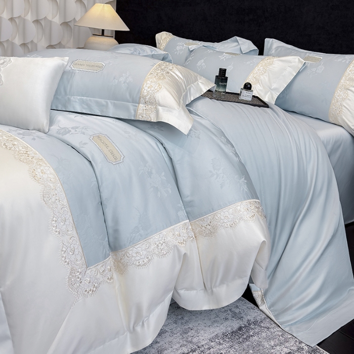 91家纺网 家纺一手货源 找家纺 高档礼盒装50S双股100支色织空气提花长绒棉+法式蕾丝刺绣100%全棉纯棉高级四件套床单床笠款 天空蓝-香榭丽-A类色织提花长绒棉高级套件