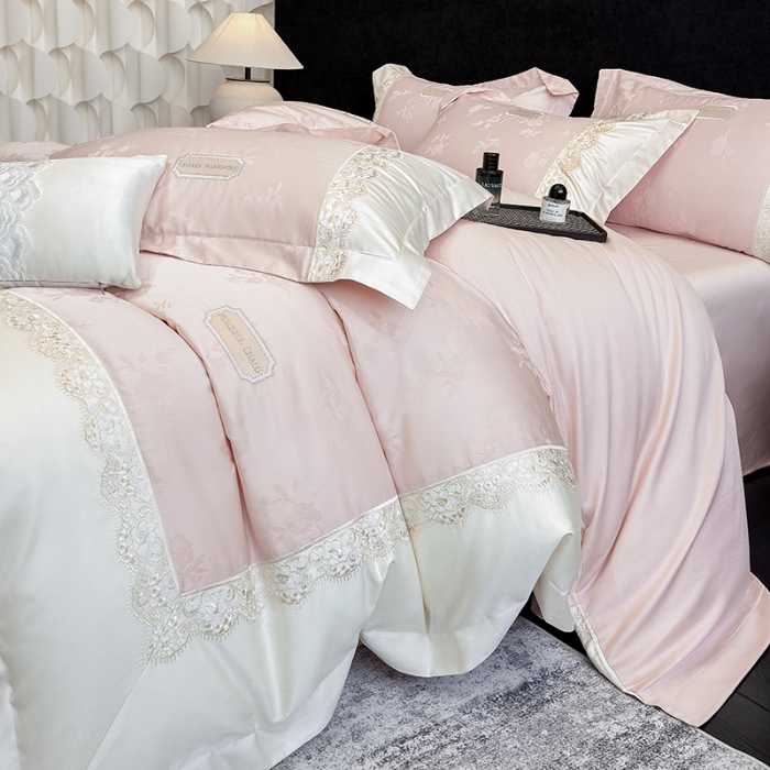 91家纺网 家纺一手货源 找家纺 高档礼盒装50S双股100支色织空气提花长绒棉+法式蕾丝刺绣100%全棉纯棉高级四件套床单床笠款 蔷薇粉-香榭丽-A类色织提花长绒棉高级