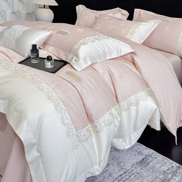 91家纺网 家纺一手货源 找家纺 高档礼盒装50S双股100支色织空气提花长绒棉+法式蕾丝刺绣100%全棉纯棉高级四件套床单床笠款 蔷薇粉-香榭丽-A类色织提花长绒棉高级