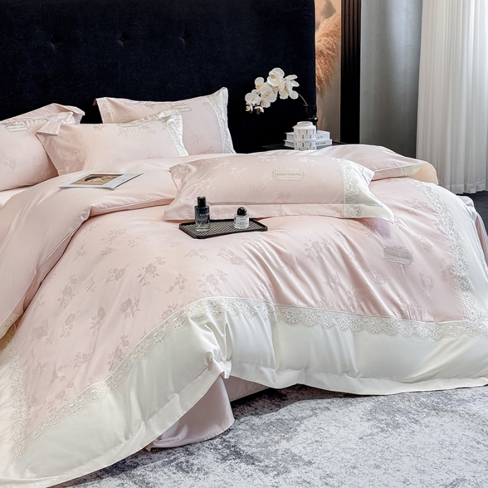 91家纺网 家纺一手货源 找家纺 高档礼盒装50S双股100支色织空气提花长绒棉+法式蕾丝刺绣100%全棉纯棉高级四件套床单床笠款 蔷薇粉-香榭丽-A类色织提花长绒棉高级