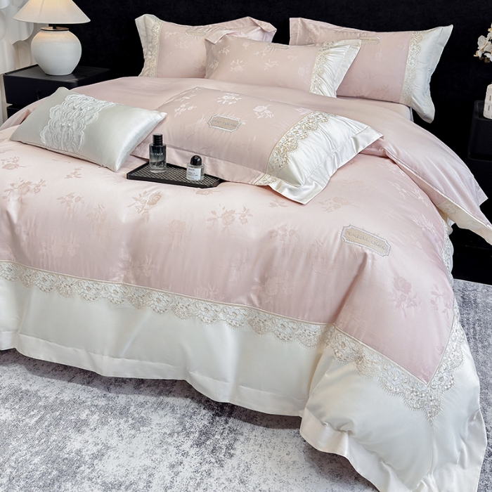 91家纺网 家纺一手货源 找家纺 高档礼盒装50S双股100支色织空气提花长绒棉+法式蕾丝刺绣100%全棉纯棉高级四件套床单床笠款 蔷薇粉-香榭丽-A类色织提花长绒棉高级