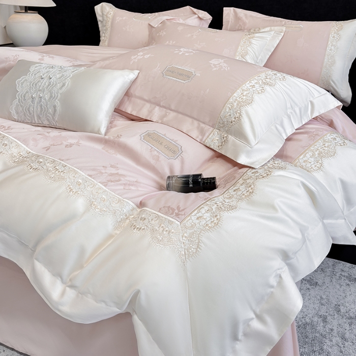 91家纺网 家纺一手货源 找家纺 高档礼盒装50S双股100支色织空气提花长绒棉+法式蕾丝刺绣100%全棉纯棉高级四件套床单床笠款 蔷薇粉-香榭丽-A类色织提花长绒棉高级