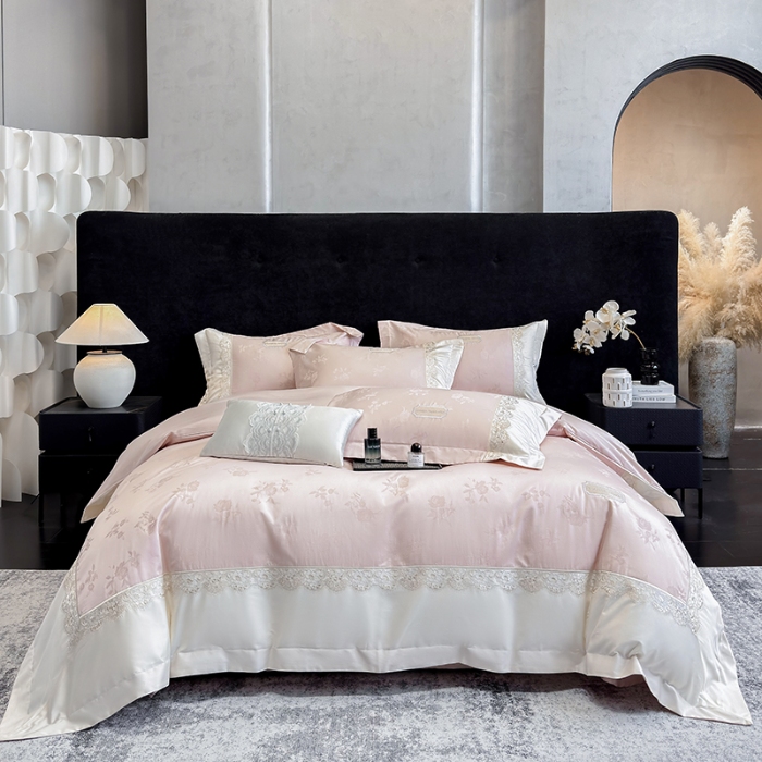 91家纺网 家纺一手货源 找家纺 高档礼盒装50S双股100支色织空气提花长绒棉+法式蕾丝刺绣100%全棉纯棉高级四件套床单床笠款 蔷薇粉-香榭丽-A类色织提花长绒棉高级