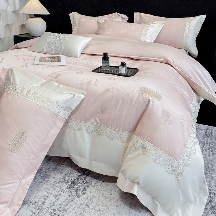 91家纺网 家纺一手货源 找家纺 高档礼盒装50S双股100支色织空气提花长绒棉+法式蕾丝刺绣100%全棉纯棉高级四件套床单床笠款 蔷薇粉-香榭丽-A类色织提花长绒棉高级