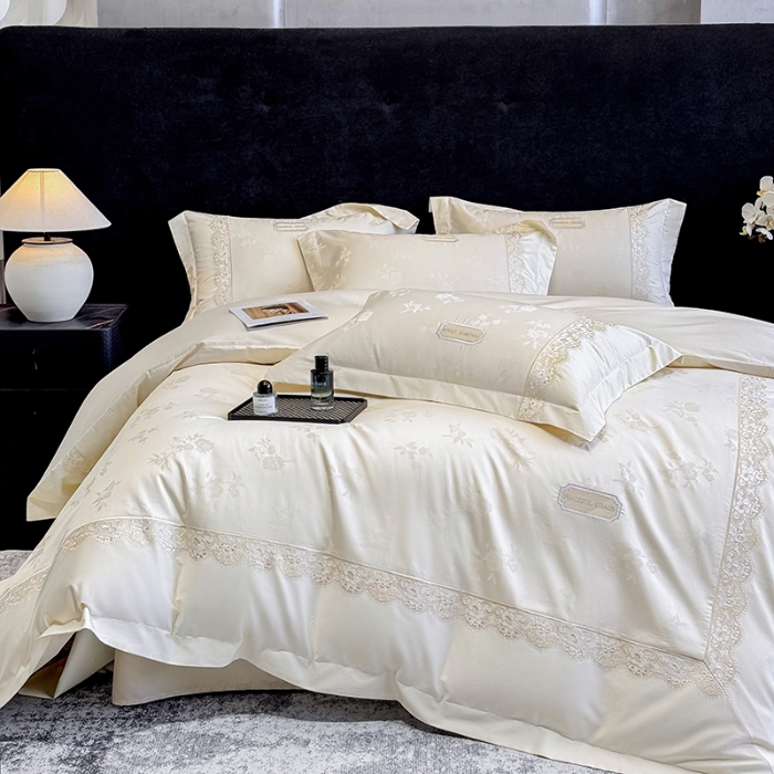 91家纺网 家纺一手货源 找家纺 高档礼盒装50S双股100支色织空气提花长绒棉+法式蕾丝刺绣100%全棉纯棉高级四件套床单床笠款 白金色-香榭丽-A类色织提花长绒棉高级
