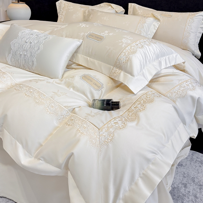 91家纺网 家纺一手货源 找家纺 高档礼盒装50S双股100支色织空气提花长绒棉+法式蕾丝刺绣100%全棉纯棉高级四件套床单床笠款 白金色-香榭丽-A类色织提花长绒棉高级