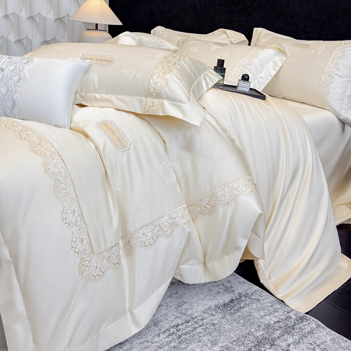 91家纺网 家纺一手货源 找家纺 高档礼盒装50S双股100支色织空气提花长绒棉+法式蕾丝刺绣100%全棉纯棉高级四件套床单床笠款 白金色-香榭丽-A类色织提花长绒棉高级