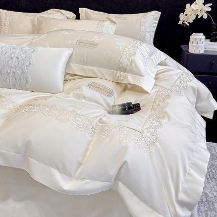 高档礼盒装50S双股100支色织空气提花长绒棉+法式蕾丝刺绣100%全棉纯棉高级四件套床单床笠款 白金色-香榭丽-A类色织提花长绒棉高级