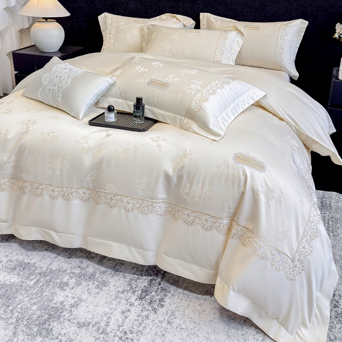 91家纺网 家纺一手货源 找家纺 高档礼盒装50S双股100支色织空气提花长绒棉+法式蕾丝刺绣100%全棉纯棉高级四件套床单床笠款 白金色-香榭丽-A类色织提花长绒棉高级