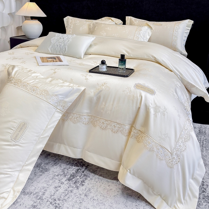 91家纺网 家纺一手货源 找家纺 高档礼盒装50S双股100支色织空气提花长绒棉+法式蕾丝刺绣100%全棉纯棉高级四件套床单床笠款 白金色-香榭丽-A类色织提花长绒棉高级