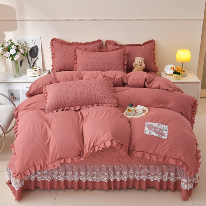 91家纺网 家纺一手货源 找家纺 （总）三友家纺 纯色有氧提花水洗泡泡棉麻床盖四件套 爱恋（被套款 夏被款）