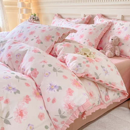 91家纺网 家纺一手货源 找家纺 （总）（总）【苏东来】2026韩版蕾丝花边纯棉全棉双层纱四件套印花纯棉四件套法式赫本木耳花边全棉公主双层纱四件套