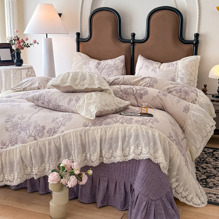 91家纺网 家纺一手货源 找家纺 （总）苏米娜2026春夏新款法式复古双层花边大蕾丝水洗棉亚麻床盖款四件套全棉纯棉印花小碎花四件套 