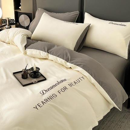 91家纺网 家纺一手货源 找家纺 （总）鑫利来家纺 2026新款古法仿棉水洗棉刺绣四件套纯色双拼水洗云朵棉磨毛简约字母刺绣四件套