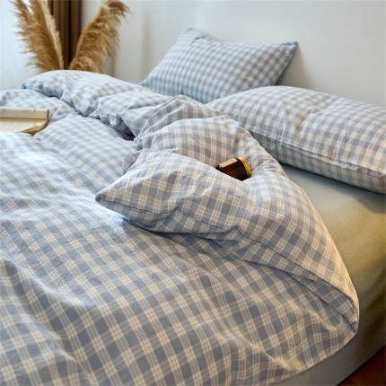 91家纺网 家纺一手货源 找家纺 （总）兰紫橙家纺 新款全棉纯棉水洗棉四件套方格朵拉 单被套 单品枕套 床笠款 全尺寸