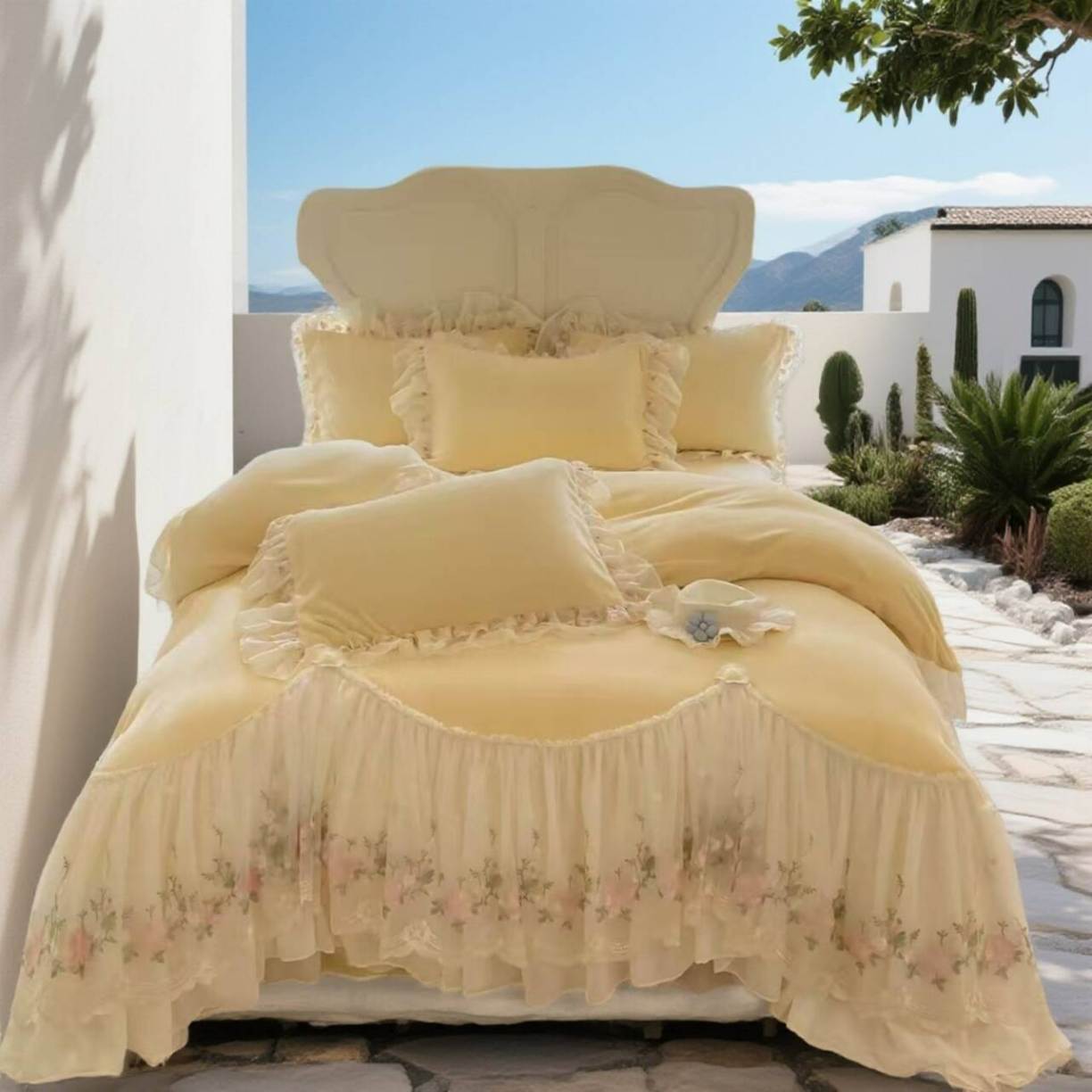 91家纺网 家纺一手货源 找家纺 （总）苏米娜2026冬季新款230g法式公主风全消光牛奶绒床裙款四件套纯色蕾丝花边刺绣床盖款四件套