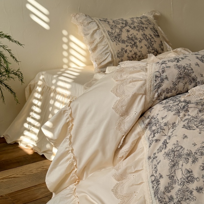 91家纺网 家纺一手货源 找家纺 （总）惯盈家纺 2026新款法式复古灯芯绒印花全棉花边床裙款全棉四件套-素写（含买家秀）