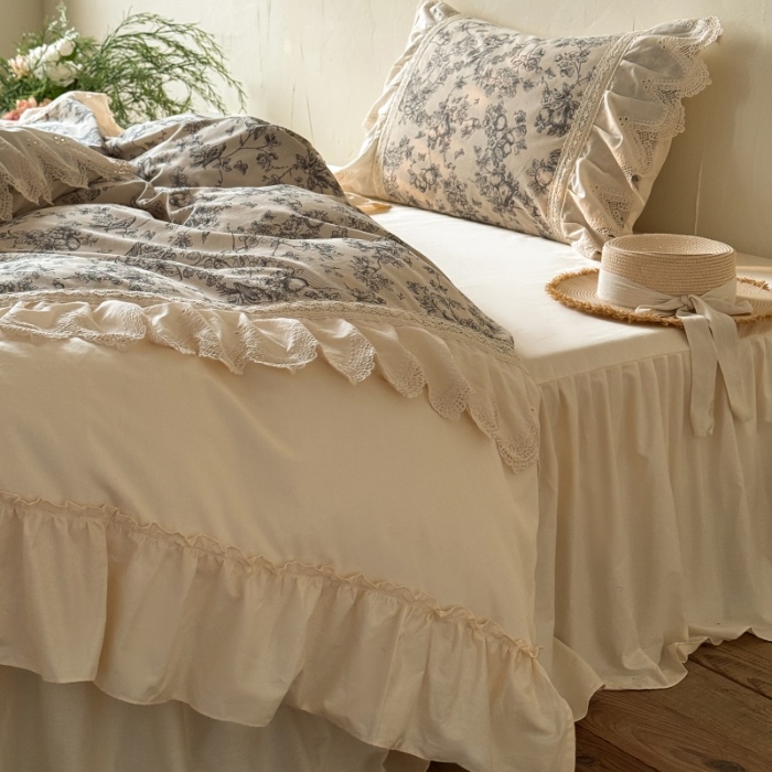 91家纺网 家纺一手货源 找家纺 （总）惯盈家纺 2026新款法式复古灯芯绒印花全棉花边床裙款全棉四件套-素写（含买家秀）