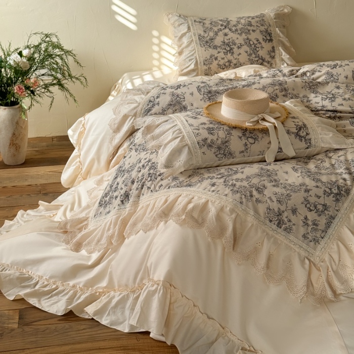 91家纺网 家纺一手货源 找家纺 惯盈家纺 2026新款法式复古灯芯绒印花全棉花边床裙款全棉四件套-素写（含买家秀） 素写-奶芙