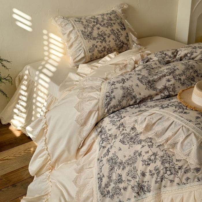 91家纺网 家纺一手货源 找家纺 惯盈家纺 2026新款法式复古灯芯绒印花全棉花边床裙款全棉四件套-素写（含买家秀） 素写-奶芙