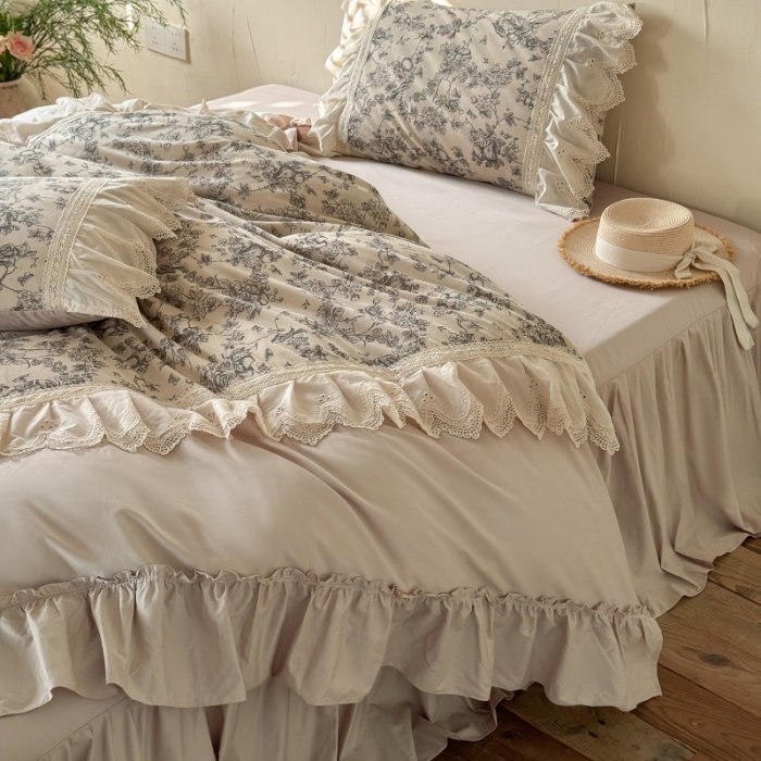 91家纺网 家纺一手货源 找家纺 惯盈家纺 2026新款法式复古灯芯绒印花全棉花边床裙款全棉四件套-素写（含买家秀） 素写-卡其