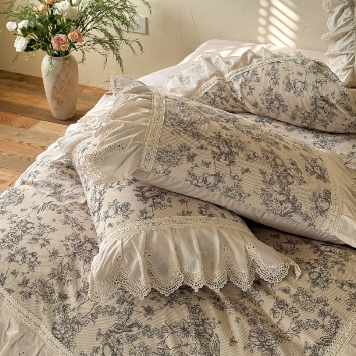 91家纺网 家纺一手货源 找家纺 惯盈家纺 2026新款法式复古灯芯绒印花全棉花边床裙款全棉四件套-素写（含买家秀） 素写-卡其