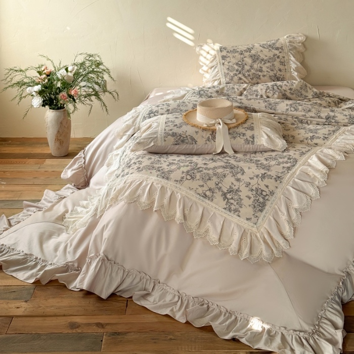 91家纺网 家纺一手货源 找家纺 惯盈家纺 2026新款法式复古灯芯绒印花全棉花边床裙款全棉四件套-素写（含买家秀） 素写-卡其
