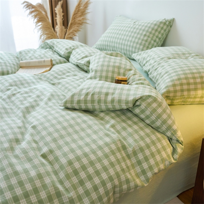 91家纺网 家纺一手货源 找家纺 （总）兰紫橙家纺 新款全棉纯棉水洗棉四件套方格朵拉 单被套 单品枕套 床笠款 全尺寸