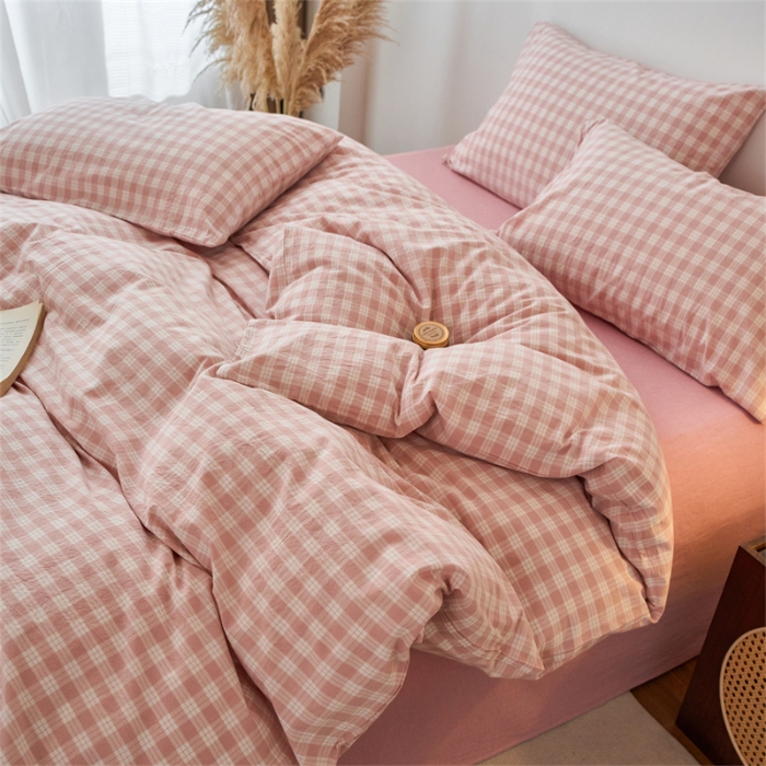 91家纺网 家纺一手货源 找家纺 （总）兰紫橙家纺 新款全棉纯棉水洗棉四件套方格朵拉 单被套 单品枕套 床笠款 全尺寸